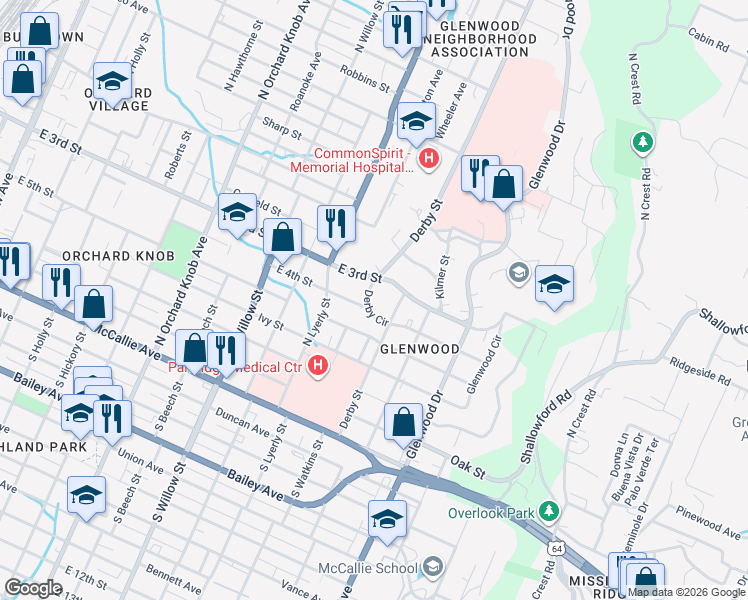 map of restaurants, bars, coffee shops, grocery stores, and more near 2406 East 3rd Street in Chattanooga