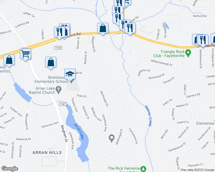 map of restaurants, bars, coffee shops, grocery stores, and more near 1153 Wildwood Drive in Fayetteville