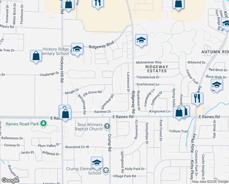 map of restaurants, bars, coffee shops, grocery stores, and more near 4040 Silverleaf Road in Memphis
