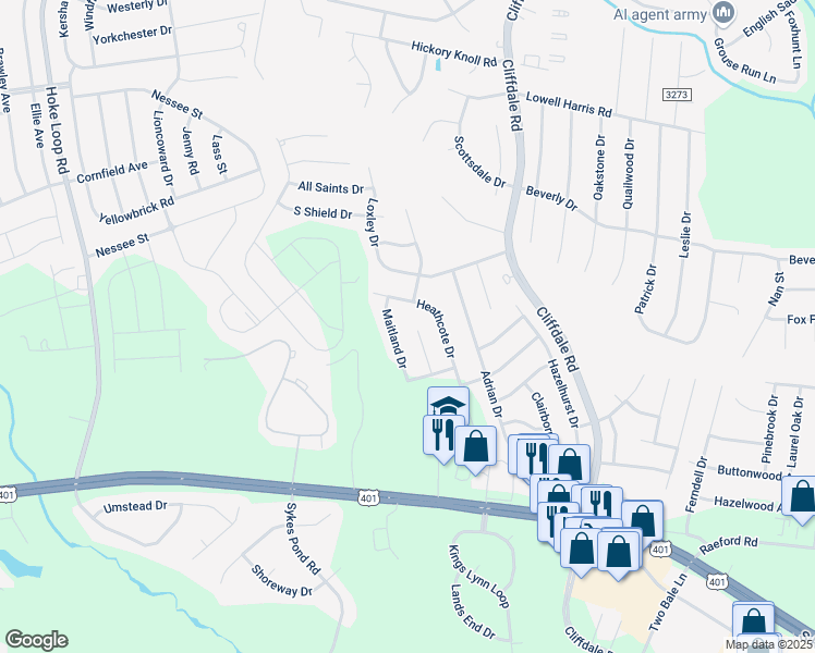 map of restaurants, bars, coffee shops, grocery stores, and more near 2124 Heathcote Drive in Fayetteville