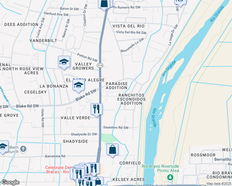 map of restaurants, bars, coffee shops, grocery stores, and more near 2537 Paradise Road Southwest in Albuquerque