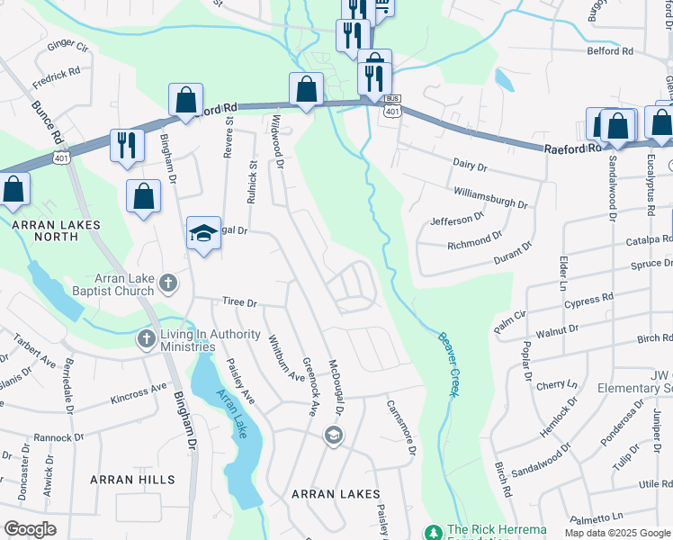 map of restaurants, bars, coffee shops, grocery stores, and more near 1144 Merry Maple Lane in Fayetteville
