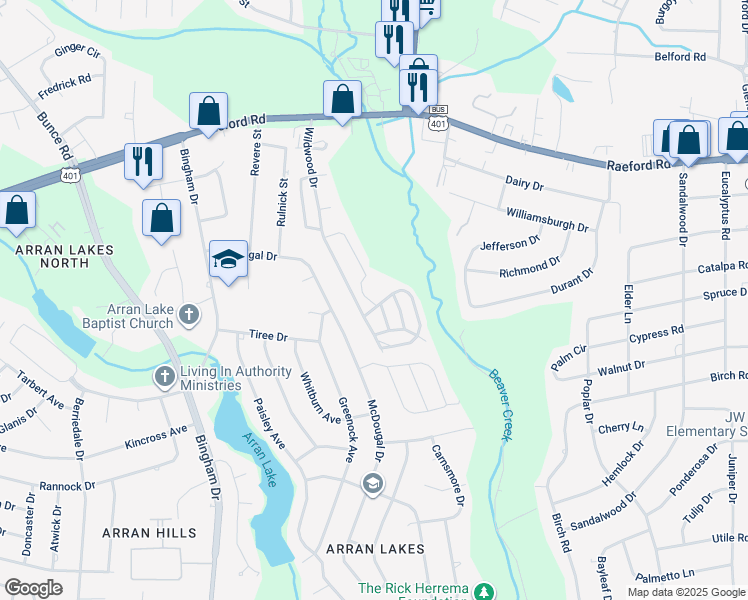 map of restaurants, bars, coffee shops, grocery stores, and more near 1144 Merry Maple Lane in Fayetteville