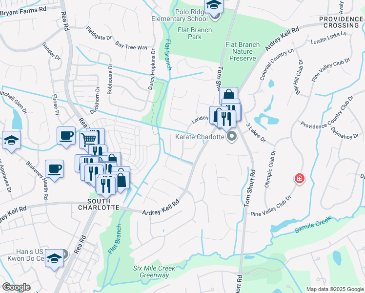 map of restaurants, bars, coffee shops, grocery stores, and more near 12124 Landen Drive in Charlotte
