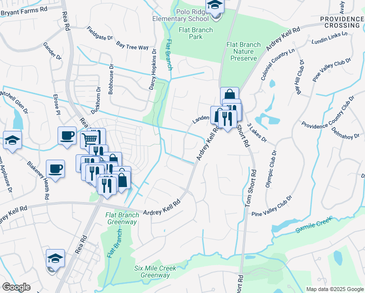 map of restaurants, bars, coffee shops, grocery stores, and more near 12124 Landen Drive in Charlotte