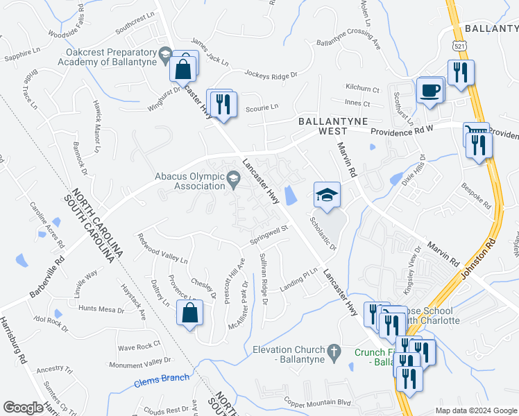map of restaurants, bars, coffee shops, grocery stores, and more near 15445 Barossa Valley Street in Charlotte
