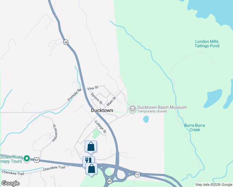 map of restaurants, bars, coffee shops, grocery stores, and more near 189 Hiwassee Street in Copperhill