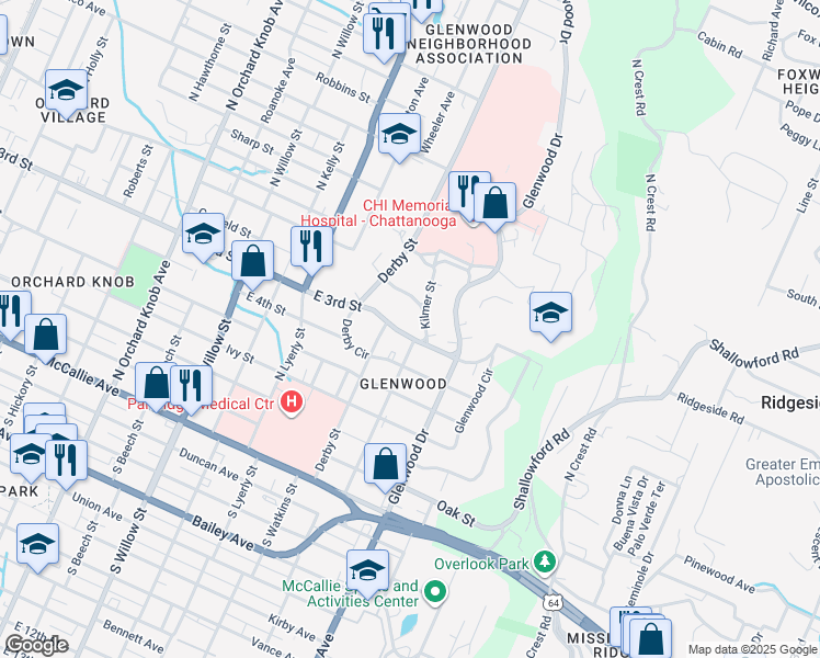 map of restaurants, bars, coffee shops, grocery stores, and more near 2414 Shady Lane in Chattanooga