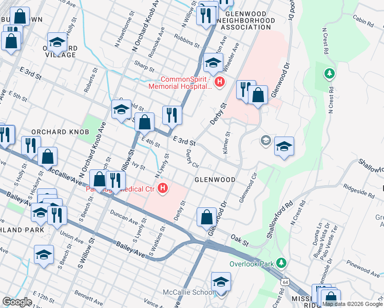 map of restaurants, bars, coffee shops, grocery stores, and more near 2406 East 3rd Street in Chattanooga