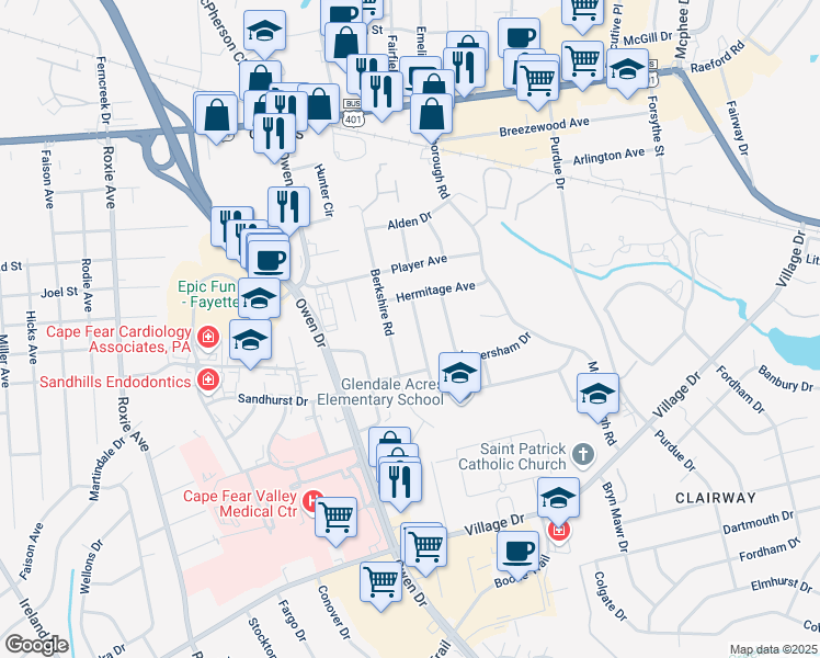 map of restaurants, bars, coffee shops, grocery stores, and more near 3001 Hermitage Avenue in Fayetteville