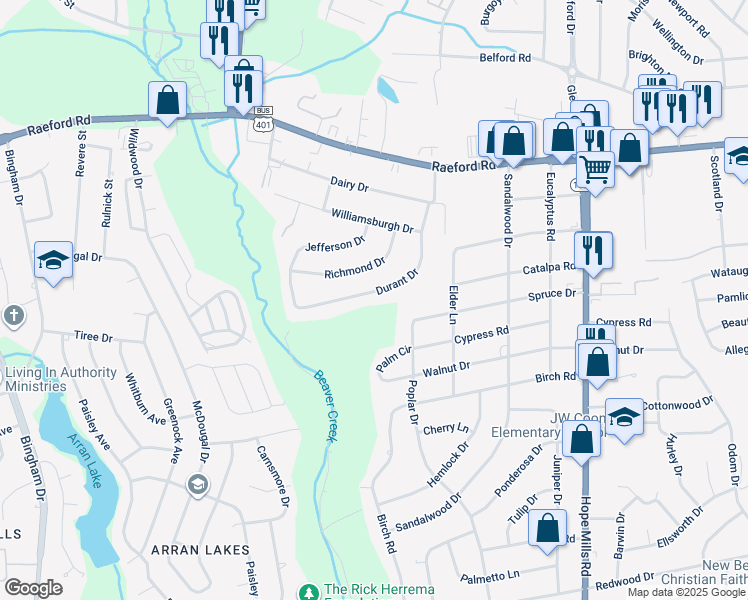 map of restaurants, bars, coffee shops, grocery stores, and more near 407 Durant Drive in Fayetteville