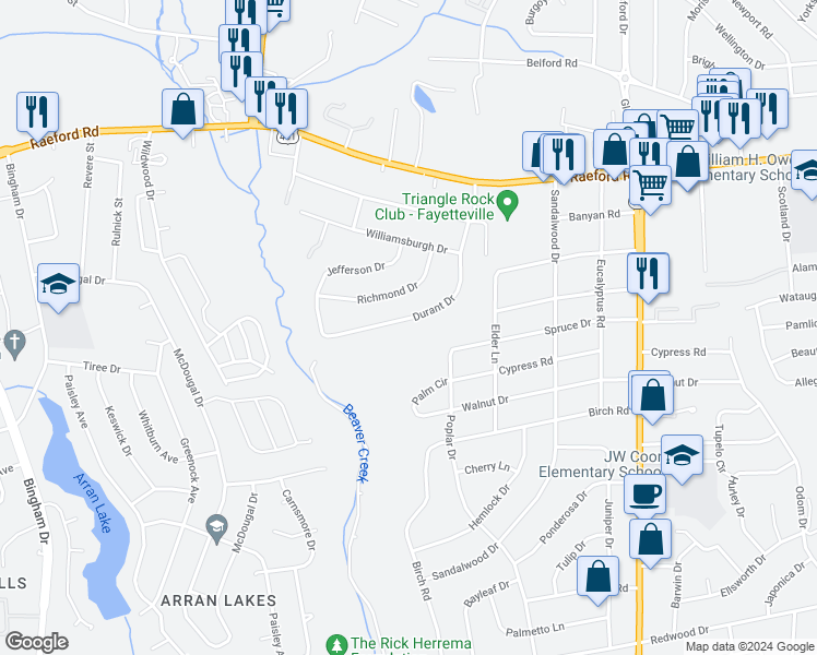 map of restaurants, bars, coffee shops, grocery stores, and more near 407 Durant Drive in Fayetteville