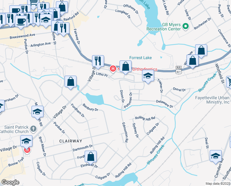 map of restaurants, bars, coffee shops, grocery stores, and more near 816 Sage Creek Lane in Fayetteville