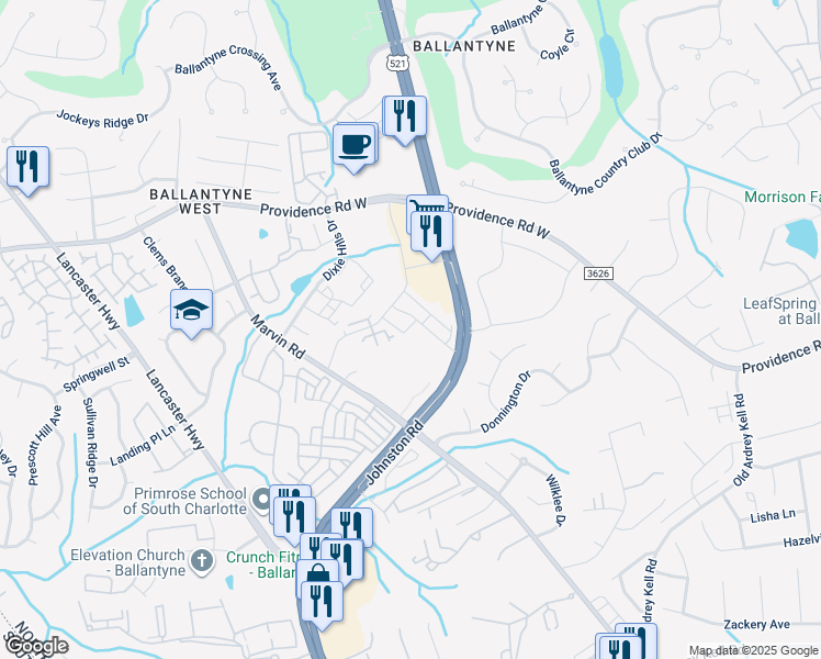 map of restaurants, bars, coffee shops, grocery stores, and more near 15925 Marvin Road in Charlotte