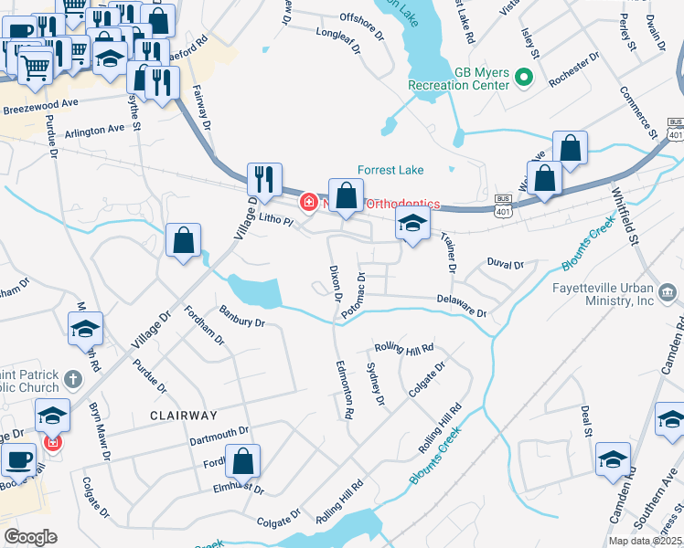 map of restaurants, bars, coffee shops, grocery stores, and more near 1511 Dixon Drive in Fayetteville