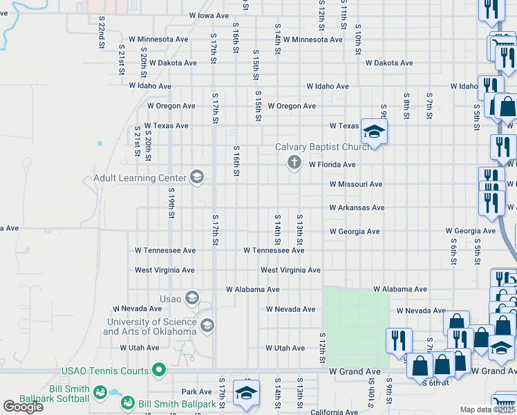 map of restaurants, bars, coffee shops, grocery stores, and more near South 15th Street in Chickasha
