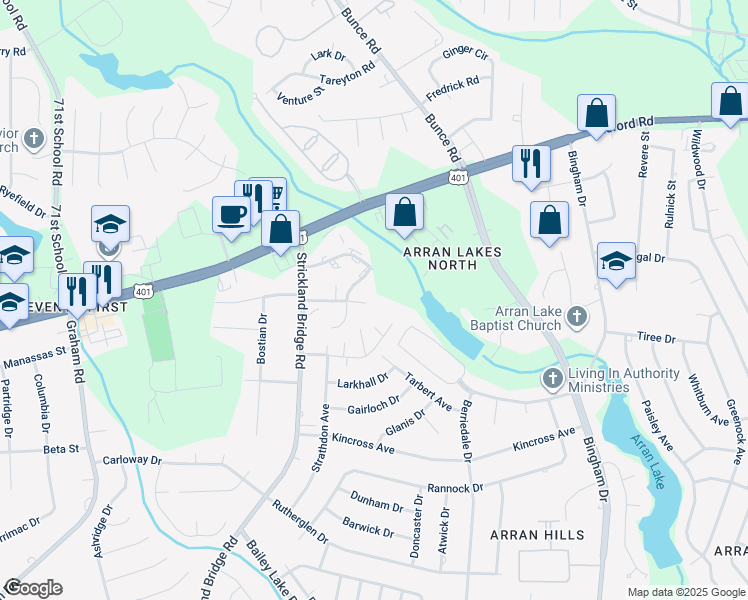 map of restaurants, bars, coffee shops, grocery stores, and more near 6400 Starbrook Drive in Fayetteville