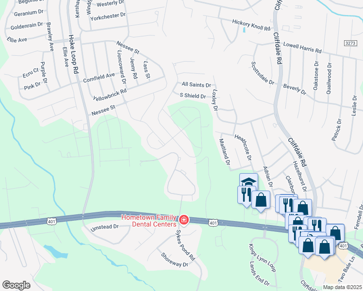 map of restaurants, bars, coffee shops, grocery stores, and more near 1713 Stackhouse Drive in Fayetteville