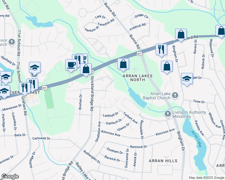 map of restaurants, bars, coffee shops, grocery stores, and more near 6400 Starbrook Drive in Fayetteville