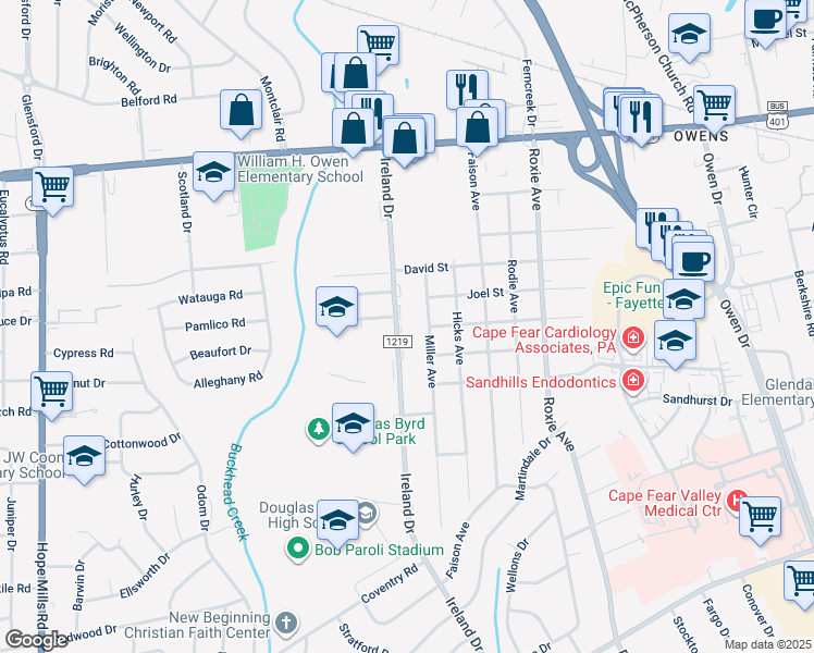 map of restaurants, bars, coffee shops, grocery stores, and more near 1401 Ireland Drive in Fayetteville