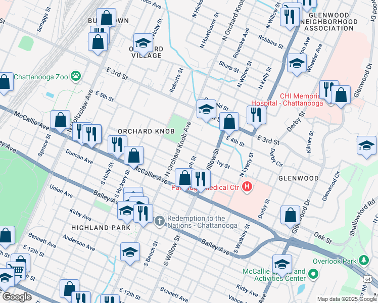 map of restaurants, bars, coffee shops, grocery stores, and more near 1910 East 5th Street in Chattanooga