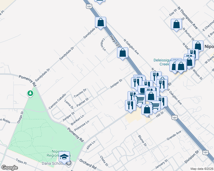 map of restaurants, bars, coffee shops, grocery stores, and more near 212 Encino Lane in Nipomo