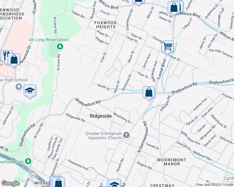 map of restaurants, bars, coffee shops, grocery stores, and more near 800 Moss Street in Chattanooga