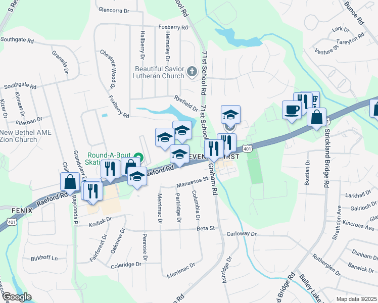 map of restaurants, bars, coffee shops, grocery stores, and more near 6830 Raeford Road in Fayetteville