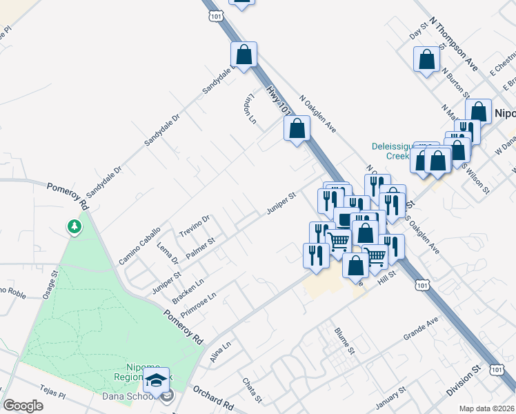 map of restaurants, bars, coffee shops, grocery stores, and more near 212 Encino Lane in Nipomo