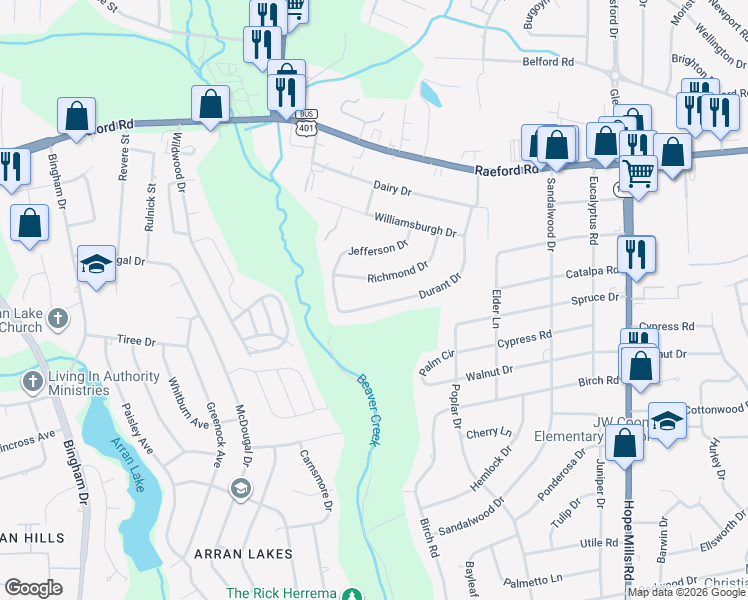 map of restaurants, bars, coffee shops, grocery stores, and more near 333 Richmond Drive in Fayetteville