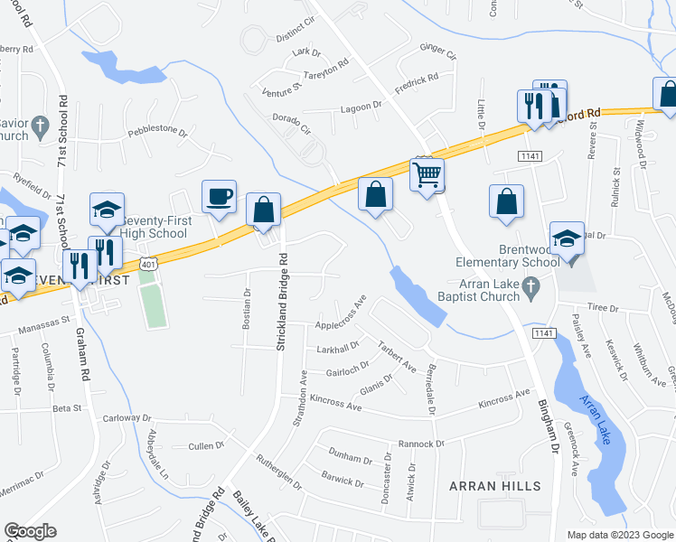 map of restaurants, bars, coffee shops, grocery stores, and more near 6408 Starbrook Drive in Fayetteville