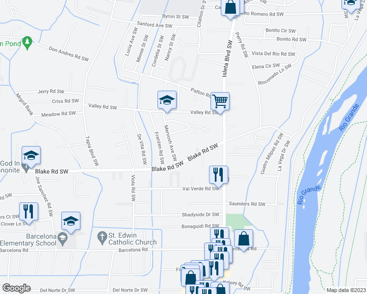 map of restaurants, bars, coffee shops, grocery stores, and more near 1735 Blake Road Southwest in Albuquerque