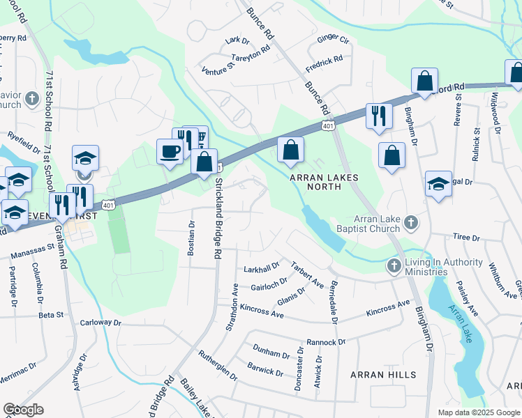 map of restaurants, bars, coffee shops, grocery stores, and more near 6408 Starbrook Drive in Fayetteville