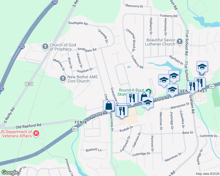map of restaurants, bars, coffee shops, grocery stores, and more near 1619 Grandview Drive in Fayetteville