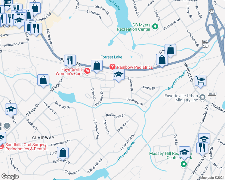 map of restaurants, bars, coffee shops, grocery stores, and more near 2915 Amelia Drive in Fayetteville