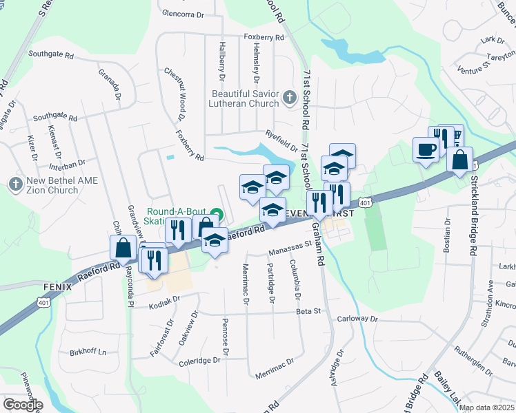 map of restaurants, bars, coffee shops, grocery stores, and more near 6882 Raeford Road in Fayetteville