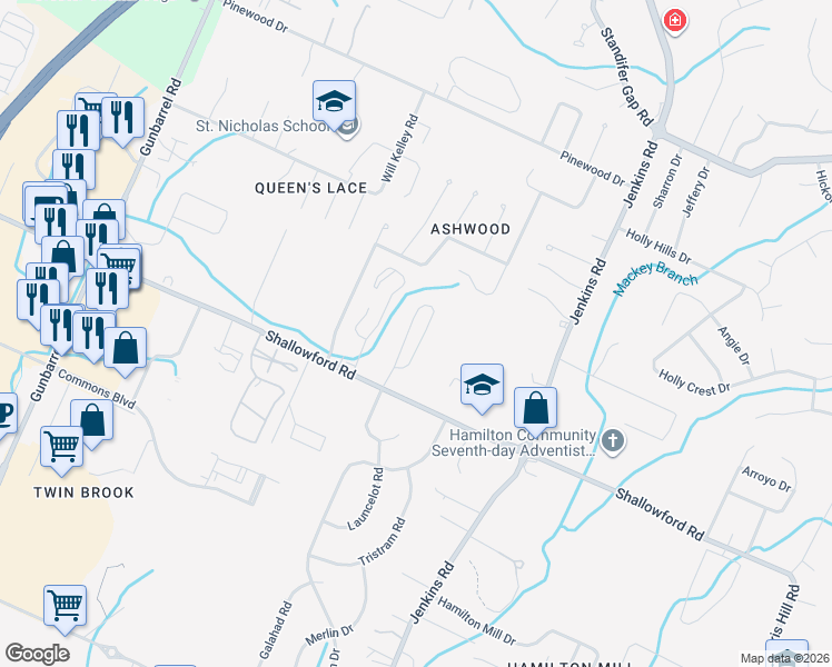 map of restaurants, bars, coffee shops, grocery stores, and more near 2458 Baskette Way in Chattanooga