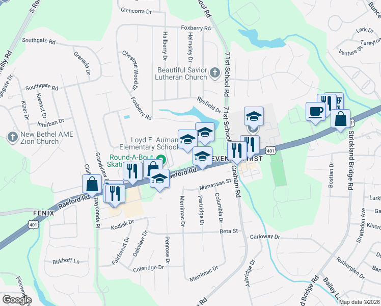 map of restaurants, bars, coffee shops, grocery stores, and more near 6882 Raeford Road in Fayetteville