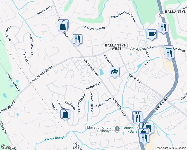 map of restaurants, bars, coffee shops, grocery stores, and more near 15445 Barossa Valley Street in Charlotte