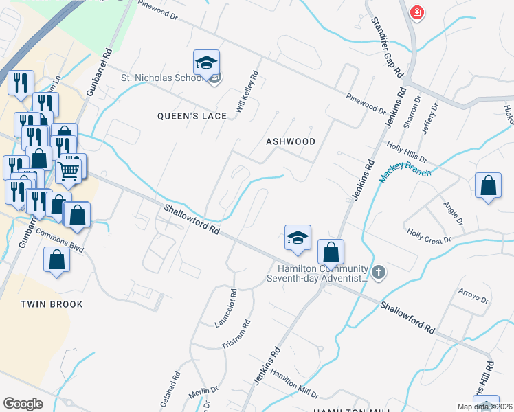 map of restaurants, bars, coffee shops, grocery stores, and more near 2458 Baskette Way in Chattanooga