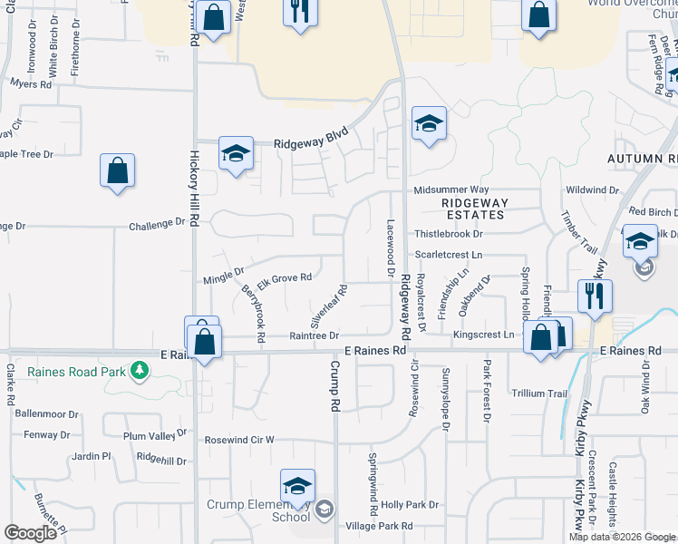 map of restaurants, bars, coffee shops, grocery stores, and more near 4040 Silverleaf Road in Memphis
