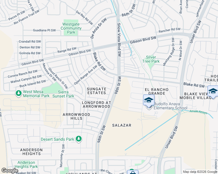 map of restaurants, bars, coffee shops, grocery stores, and more near 9805 Sun Chaser Tr Southwest in Albuquerque