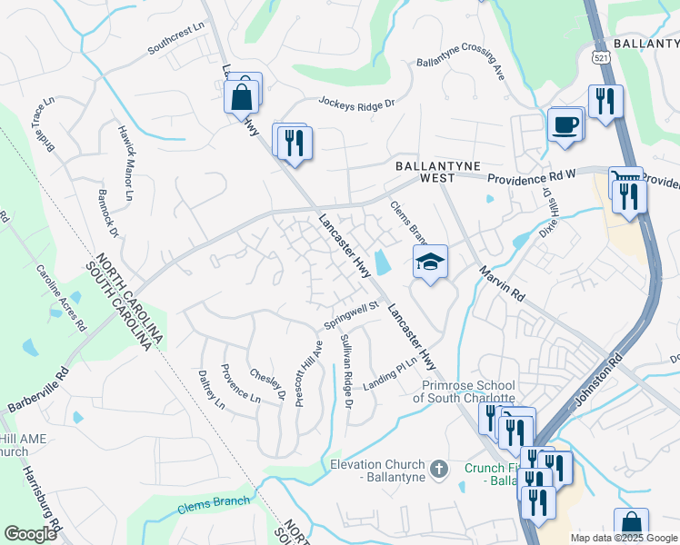 map of restaurants, bars, coffee shops, grocery stores, and more near 15508 Barossa Valley Street in Charlotte