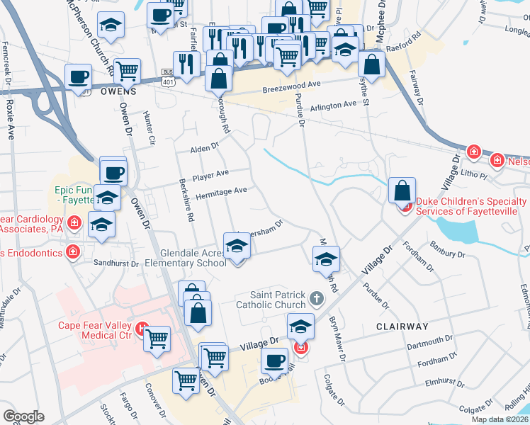 map of restaurants, bars, coffee shops, grocery stores, and more near 1420 Marlborough Road in Fayetteville