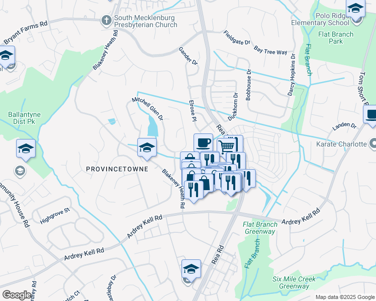 map of restaurants, bars, coffee shops, grocery stores, and more near 9722 Mitchell Glen Drive in Charlotte