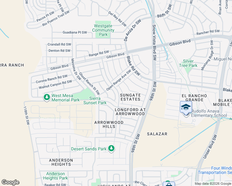 map of restaurants, bars, coffee shops, grocery stores, and more near 2724 Blue Sky Street Southwest in Albuquerque