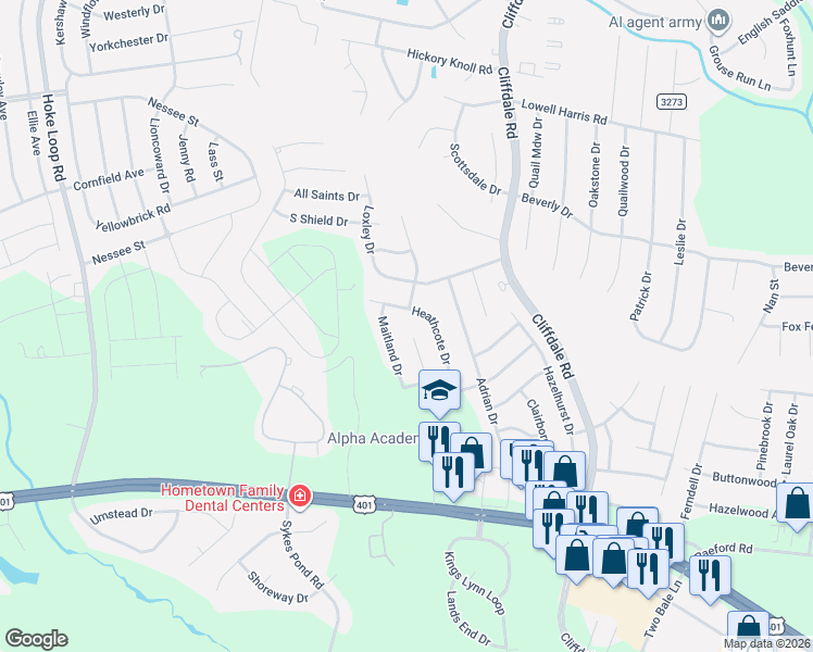 map of restaurants, bars, coffee shops, grocery stores, and more near 2124 Heathcote Drive in Fayetteville
