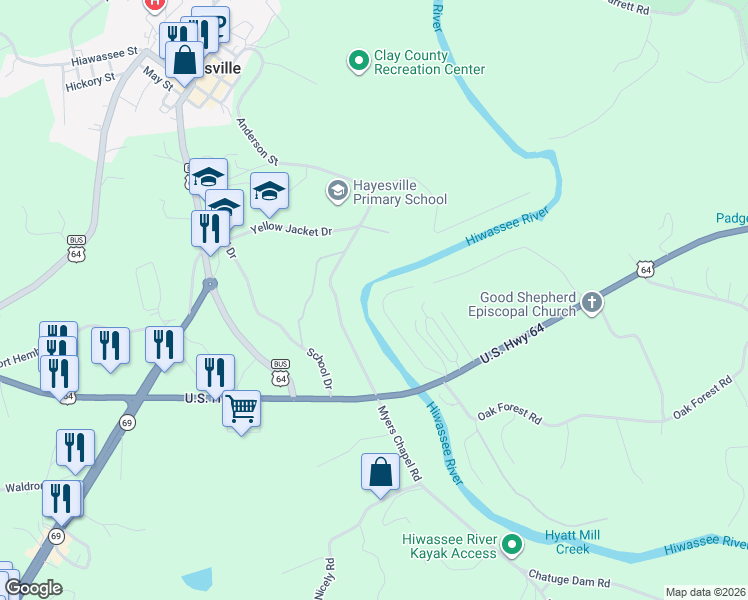 map of restaurants, bars, coffee shops, grocery stores, and more near 281 Rivers Edge Drive in Hayesville