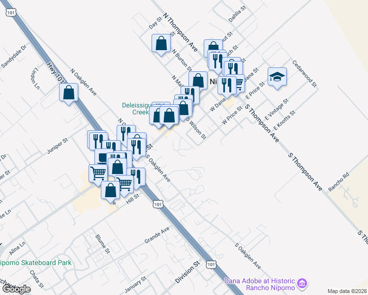 map of restaurants, bars, coffee shops, grocery stores, and more near 324 Sunnyslope Lane in Nipomo