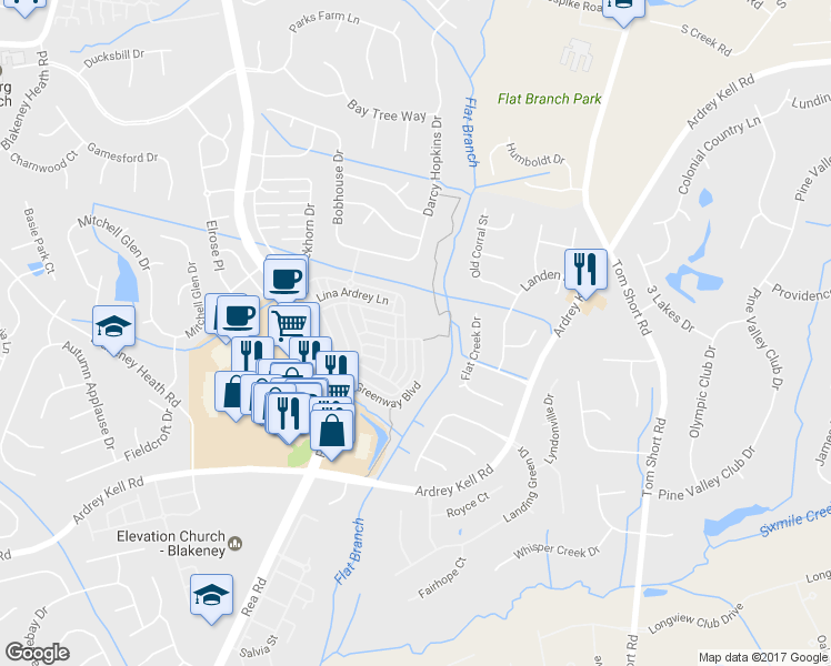 map of restaurants, bars, coffee shops, grocery stores, and more near 12817 James Blakeney Avenue in Charlotte